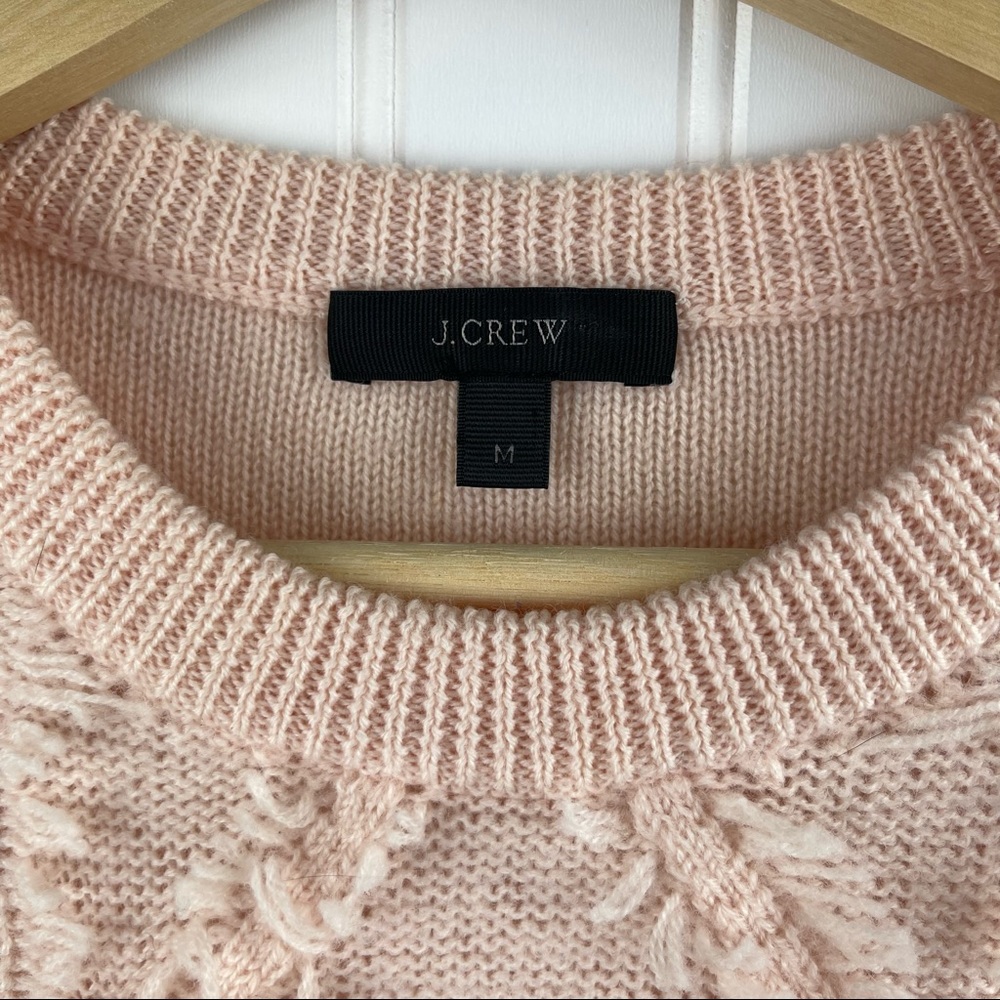 J. Crew CableKnit Crew Neck Fringe Pink Wool Sweater Size Medium B2431 - Picture 7 of 8